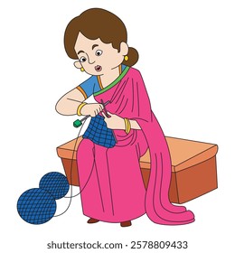 Woman doing knits on cloth fabric