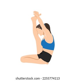 Woman doing krounchasana. Female yogi in heron pose. Intense hamstring stretch. Lady with leg up and hands holding foot. Flat vector illustration