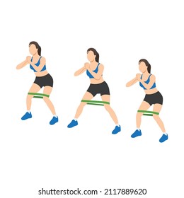 Woman doing lateral band walk exercise. Flat vector illustration isolated on white background