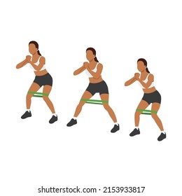 Woman doing lateral band walk exercise. Flat vector illustration isolated on white background