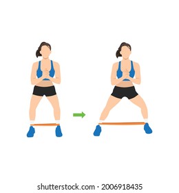 Woman doing Lateral banded walk. Side walk with resistance band exercise. Flat vector illustration isolated on white background