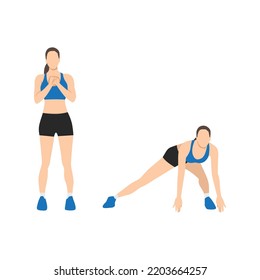 Woman doing Lateral lunges to floor touches exercise. Flat vector illustration isolated on white background