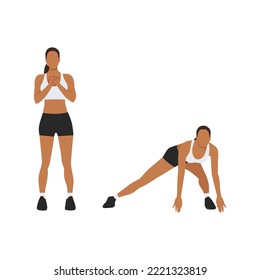 Woman doing Lateral lunges to floor touches exercise. Flat vector illustration isolated on white background