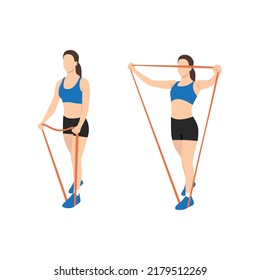 Woman doing lateral raises with resistance band exercise. Flat vector illustration isolated on white background