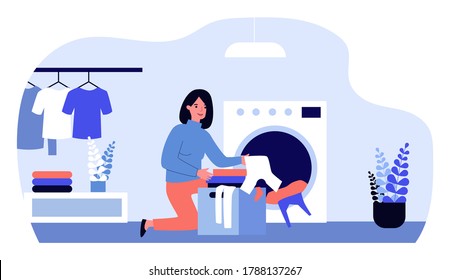 Woman doing laundry. Female character loading washing machine flat vector illustration. Laundromat, home appliance, housekeeping concept for banner, website design or landing web page