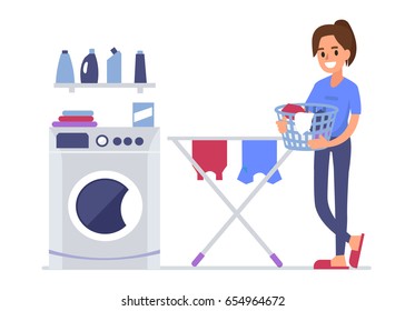 Woman Doing Laundry At Home. Flat Style Vector Illustration Isolated On White Background.