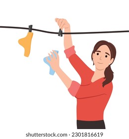 Mujer haciendo lavandería al aire libre. Niña colgando ropa en una cuerda para secarse después de lavarse. Ilustración vectorial plana aislada en fondo blanco