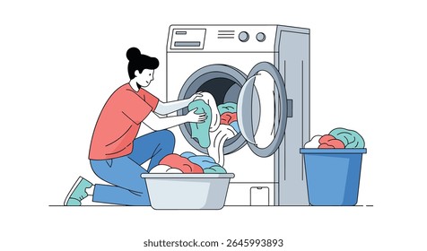 Woman Doing Laundry and Putting Clothes in Washing Machine