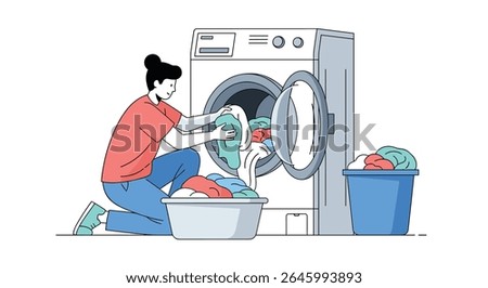 Woman Doing Laundry and Putting Clothes in Washing Machine