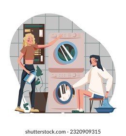 Woman doing laundry, taking clothes from machine. Process of loading washing machine. Female standing near and holding soap powder. Vector flat illustration in blue colors