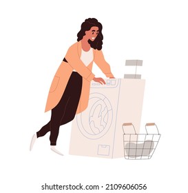 Woman doing laundry in washing machine. Person turning on washer for clothes laundering. Female and housework, lifestyle scene. Flat vector illustration isolated on white background