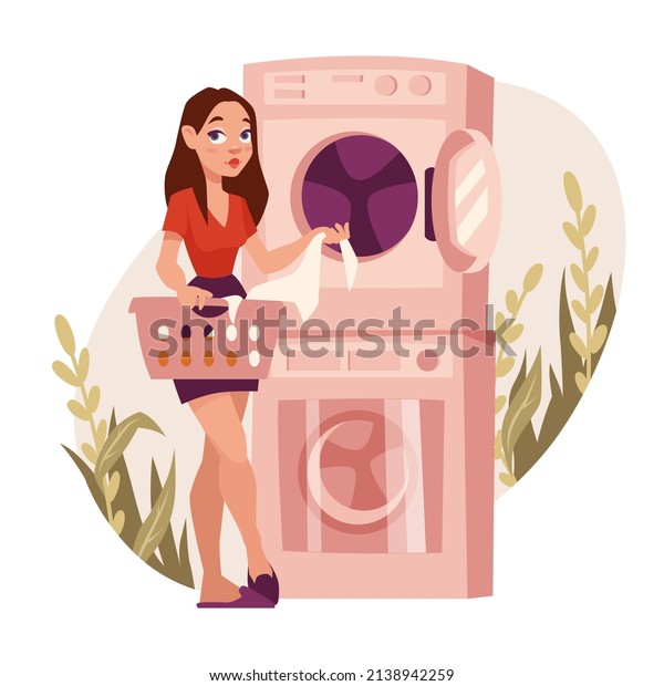Woman\
doing laundry. Young girl character loading washing machine.\
Laundromat, household appliances. Housekeeping concept. Women\
routine, \
everyday life. Vector\
illustration.