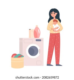 Woman doing laundry, young mom holding baby near washing machine and basin full of dirty laundry. Vector Illustration of house wife working at home.