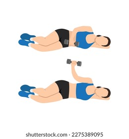 Woman doing laying dumbbell external shoulder rotation. Flat vector illustration isolated on white background