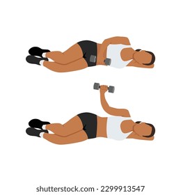 Woman doing laying dumbbell external shoulder rotation. Flat vector illustration isolated on white background