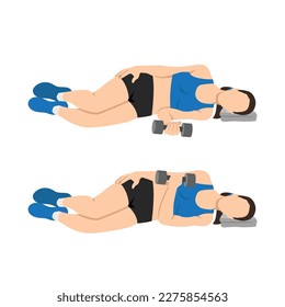 Woman doing laying dumbbell internal shoulder rotation. Flat vector illustration isolated on white background