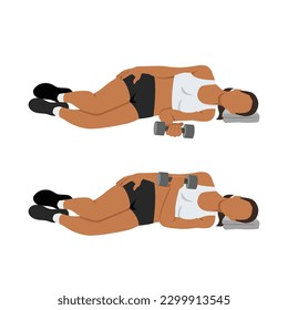 Woman doing laying dumbbell internal shoulder rotation. Flat vector illustration isolated on white background