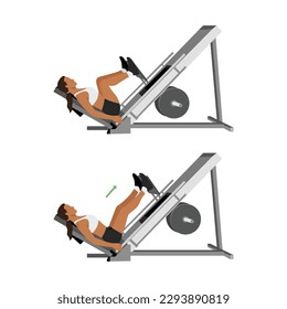 Woman doing leg press exercise on machine. Flat vector illustration isolated on white background