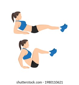 Woman doing leg pull in. Knee ups exercise flat vector illustration isolated on white background