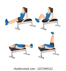 Woman doing leg pull ins. and leg raises laying on bench.Abdominals exercise. Flat vector illustration isolated on white background 