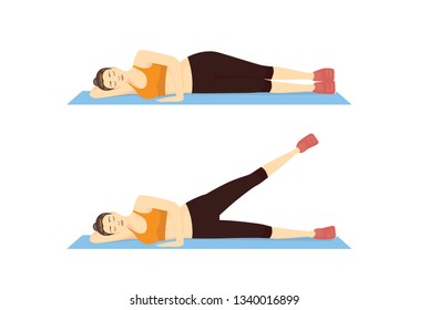 Woman doing Leg Raise Exercise in 2 step on blue mat. Illustration about introduction workout.