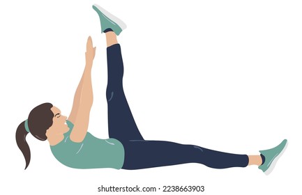 Woman doing leg stretching exercise, girl doing sports or yoga in sportswear and sneakers. Useful active recreation, vector flat illustration on a white background.