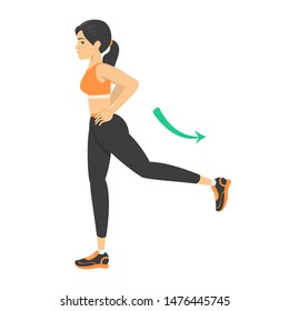 Woman doing leg swing exercise. Warm-up before workout in the gym. Fitness and healthy lifestyle. Isolated vector illustration in cartoon style