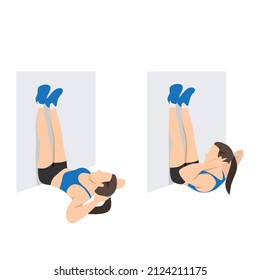 Woman doing Legs up the wall crunch exercise. Flat vector illustration isolated on white background