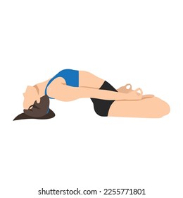 Woman doing Lotus Fish Pose Variation. Beautiful girl practice Matsyasana Variation Padmasana Elbows. Flat vector illustration isolated on white background