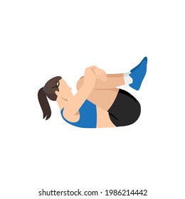 Woman Doing Low Back Release Stretch Exercise. Flat Vector Illustration Isolated On White Background