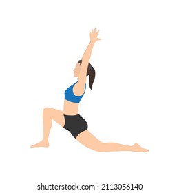 Woman doing Low lunge pose anjaneyasana exercise. Flat vector illustration isolated on white background