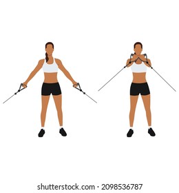 Woman doing low upward cable pulley crossover chest flyes flat vector illustration isolated on layers