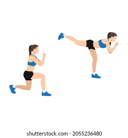 Woman doing Lunge back kick exercise. Flat vector illustration isolated on white background