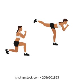 Woman doing Lunge back kick exercise. Flat vector illustration isolated on white background