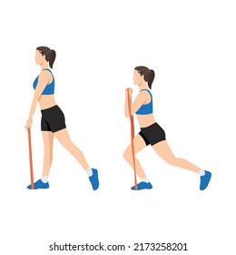 Woman Doing Lunge With Bicep Curl Exercise. Flat Vector Illustration Isolated On White Background