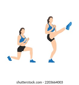 Woman doing Lunge. Front kicks exercise. Flat vector illustration isolated on white background