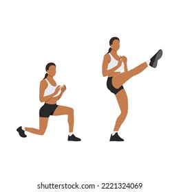 Woman doing Lunge. Front kicks exercise. Flat vector illustration isolated on white background