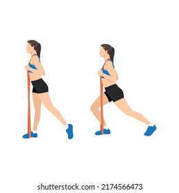 Woman doing Lunge with long resistance band exercise. Flat vector illustration isolated on white background