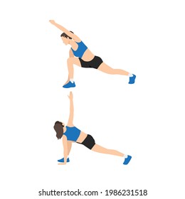 Woman doing Lunge with reach and twist stretch exercise. Flat vector illustration isolated on white background