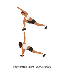 Woman doing Lunge with reach and twist stretch exercise. Flat vector illustration isolated on white background