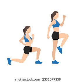 Woman doing Lunge step ups exercise. Workout for the buttocks and hips. Flat vector illustration isolated on white background