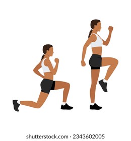 Woman doing Lunge step ups exercise. Workout for the buttocks and hips. Flat vector illustration isolated on white background