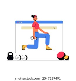 Mulher Fazendo Pulmões Com Halterofilismo Na Ilustração De Vetor Plano Simbolizando Treinamento De Fitness On-Line, Construção De Força E Estilo De Vida Saudável, Isolado No Fundo Branco.