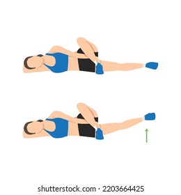 Mujer haciendo ejercicio de elevación de levas de cruz en dos pasos. Ilustración sobre el diagrama de entrenamiento para estiramiento muscular, pierna, cosa, cadera. Ilustración vectorial plana aislada en fondo blanco