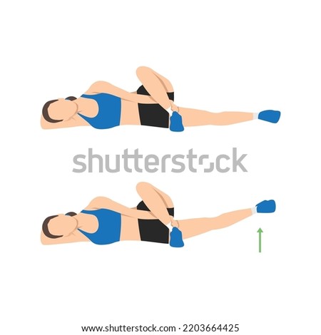 Woman doing Lying Crossover Leg Lift Exercise in 2 steps. Illustration about workout diagram for muscles stretch, leg, thing, hip. Flat vector illustration isolated on white background