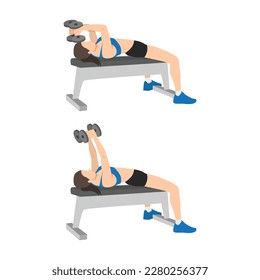 Woman doing Lying dumbbell tricep extensions exercise. Flat vector illustration isolated on white background