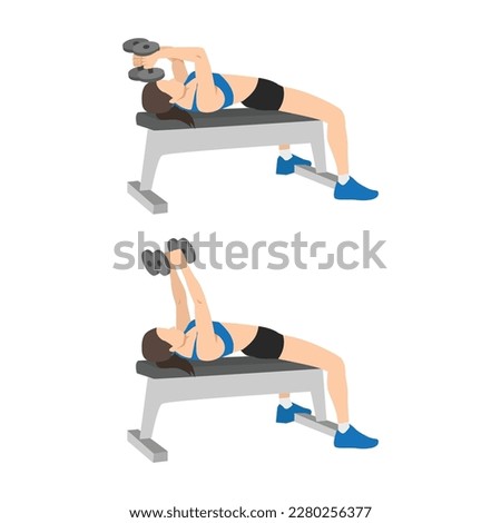 Woman doing Lying dumbbell tricep extensions exercise. Flat vector illustration isolated on white background