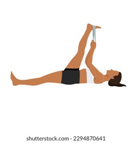 Woman doing Lying Hamstring stretch with elastic band exercise. Flat vector illustration isolated on white background