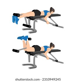 Woman doing Lying leg curls exercise. Flat vector illustration isolated on white background