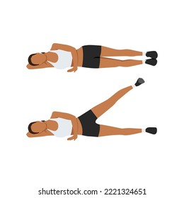 Woman doing Lying side leg lifts or lateral raises hip abductors or adductors. Leg Raise Exercise in 2 step. Flat vector illustration isolated on white background